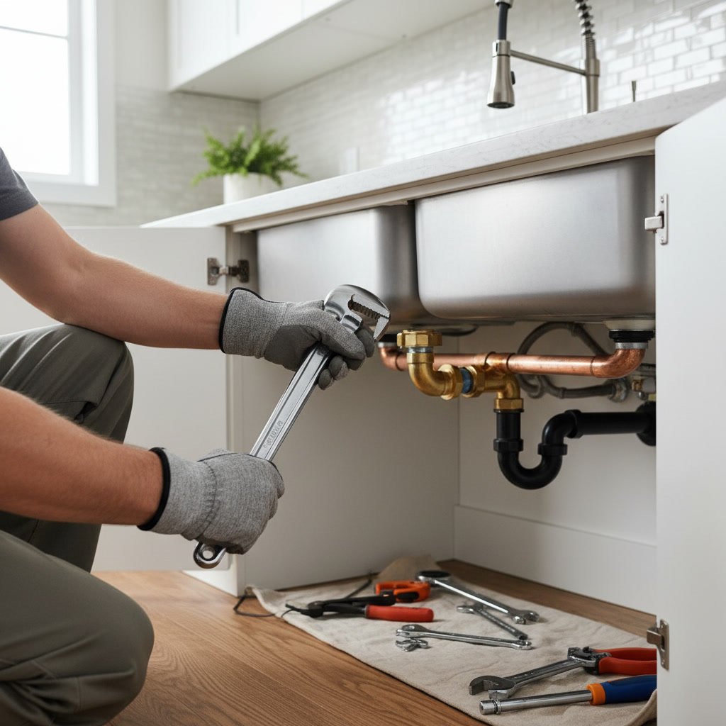 Plumber tightening copper pipe fittings under kitchen sink in Windermere home