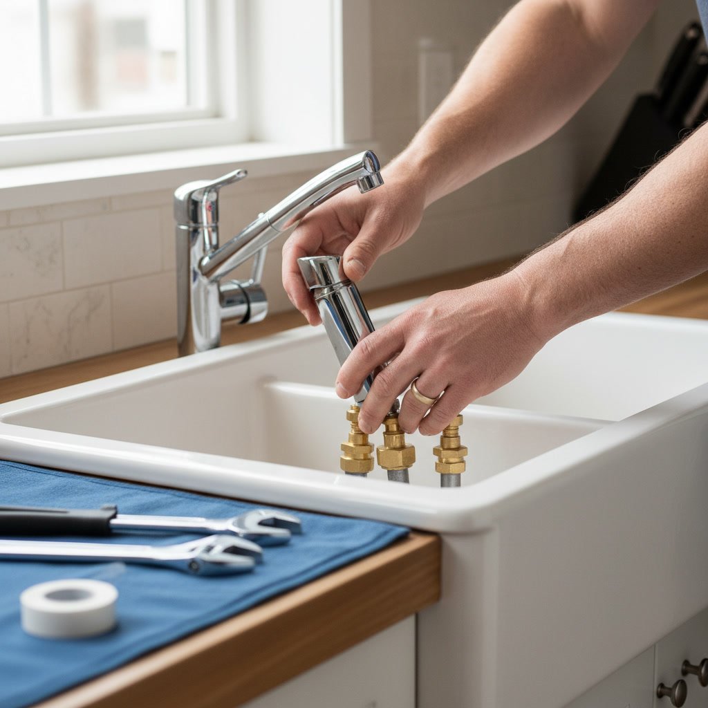 Plumber installing kitchen faucet with copper supply lines in Windermere home
