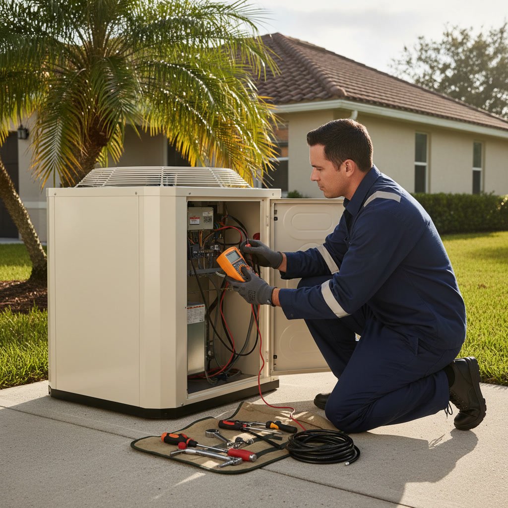 HVAC technician servicing outdoor AC unit in Windermere residential yard