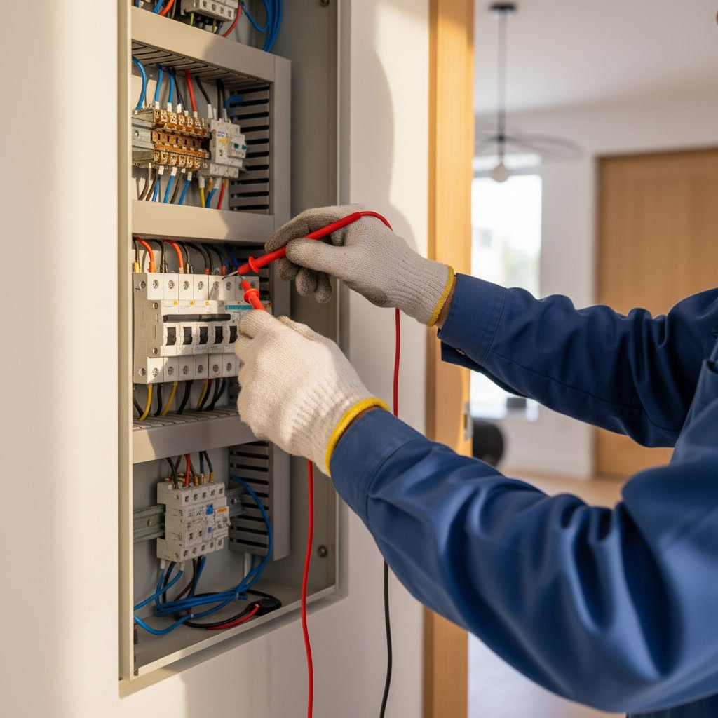 Electrician testing voltage at residential panel in Windermere home