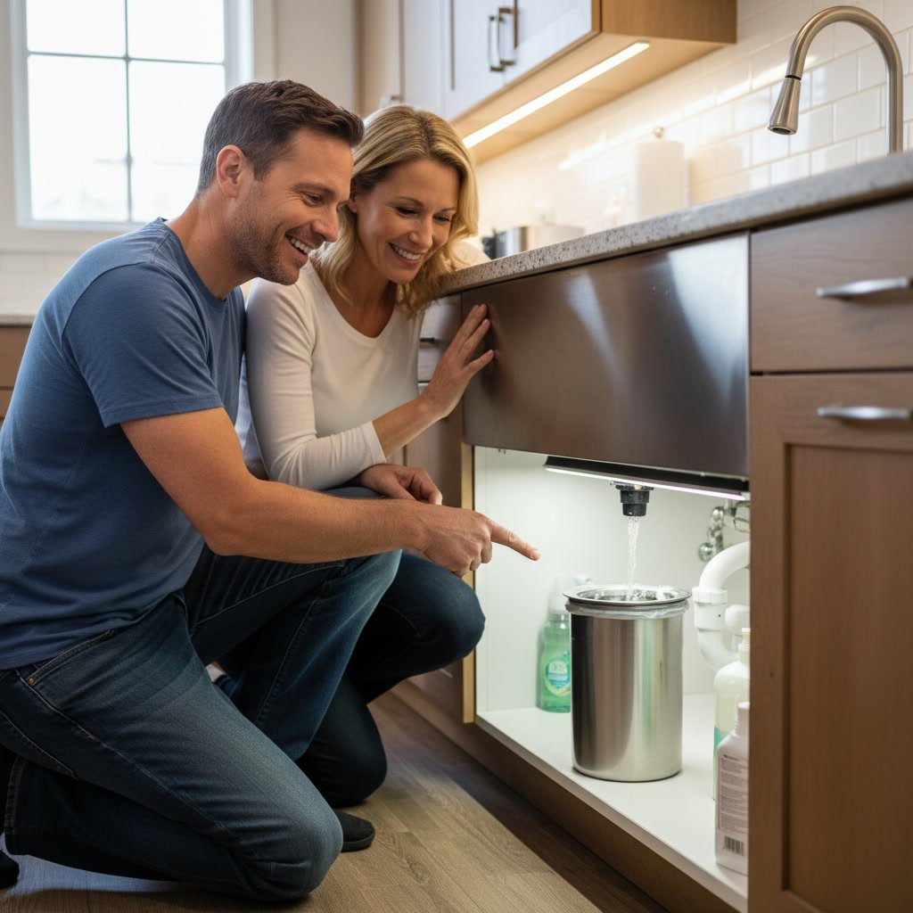 Plumber installing copper pipes under kitchen sink in Celebration home