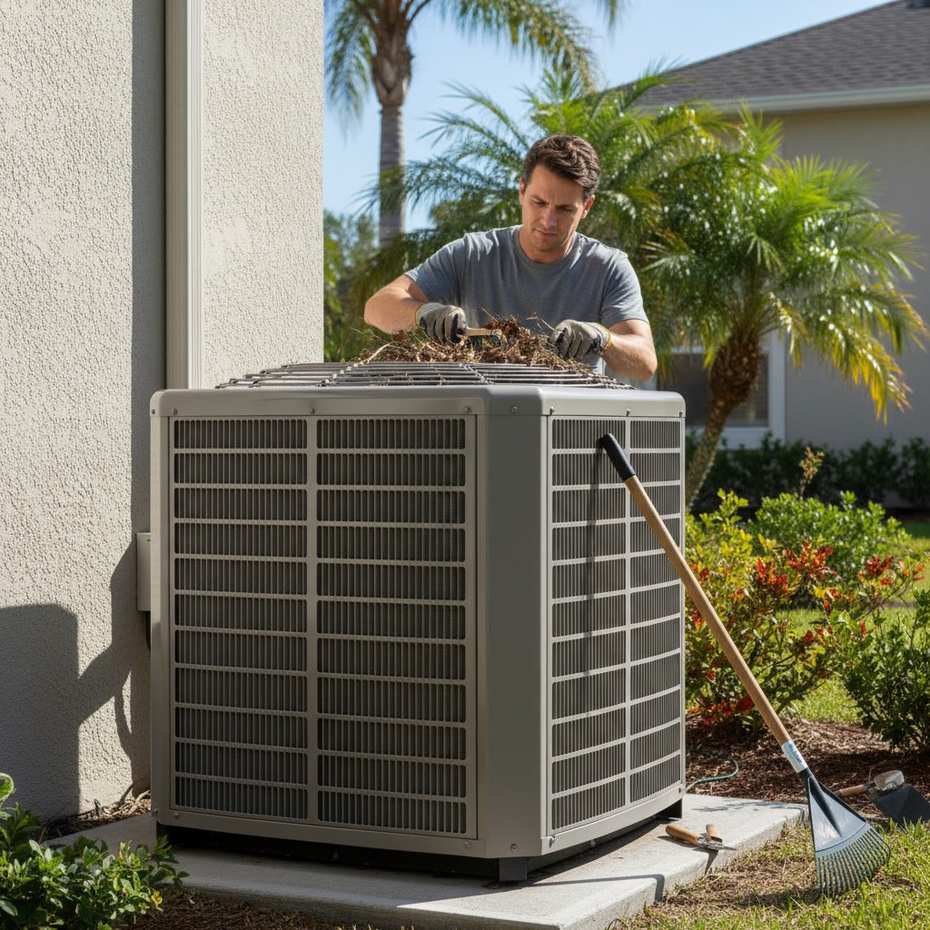 Homeowner checking HVAC air filter in Clermont Florida home