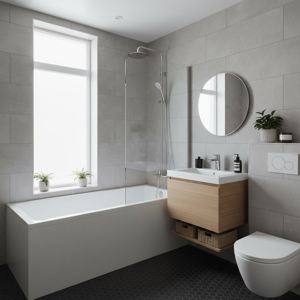 Modern alcove shower bathtub combo installed in small Orlando bathroom