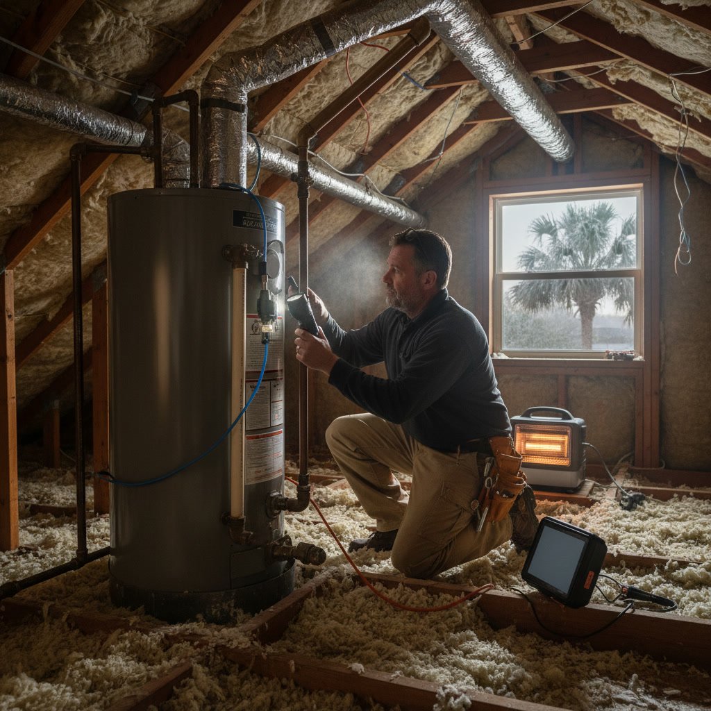 Licensed plumber examining water supply lines and connections during plumbing inspection