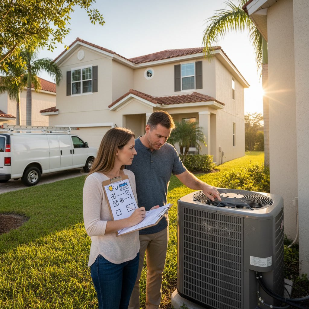 HVAC technician performing maintenance on outdoor condenser unit