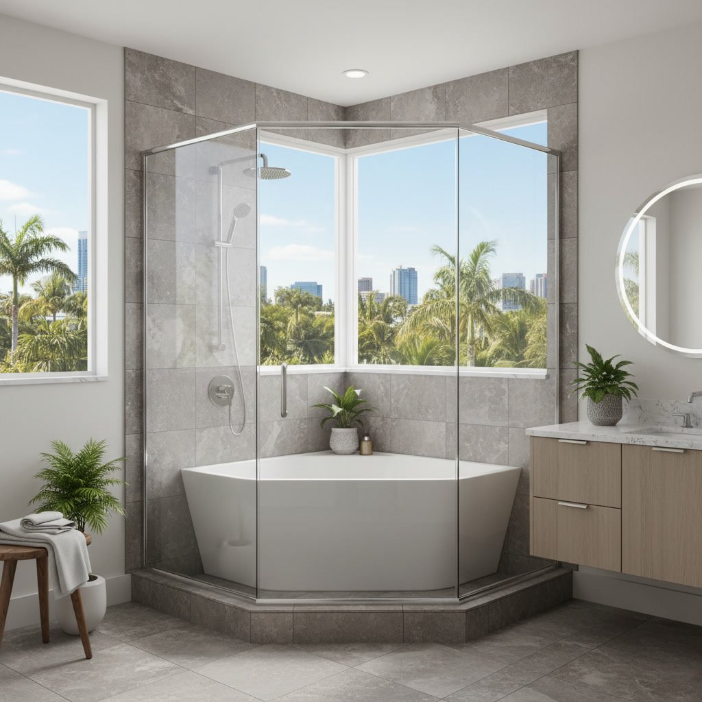 Space-saving corner shower bathtub combo with glass doors in small bathroom