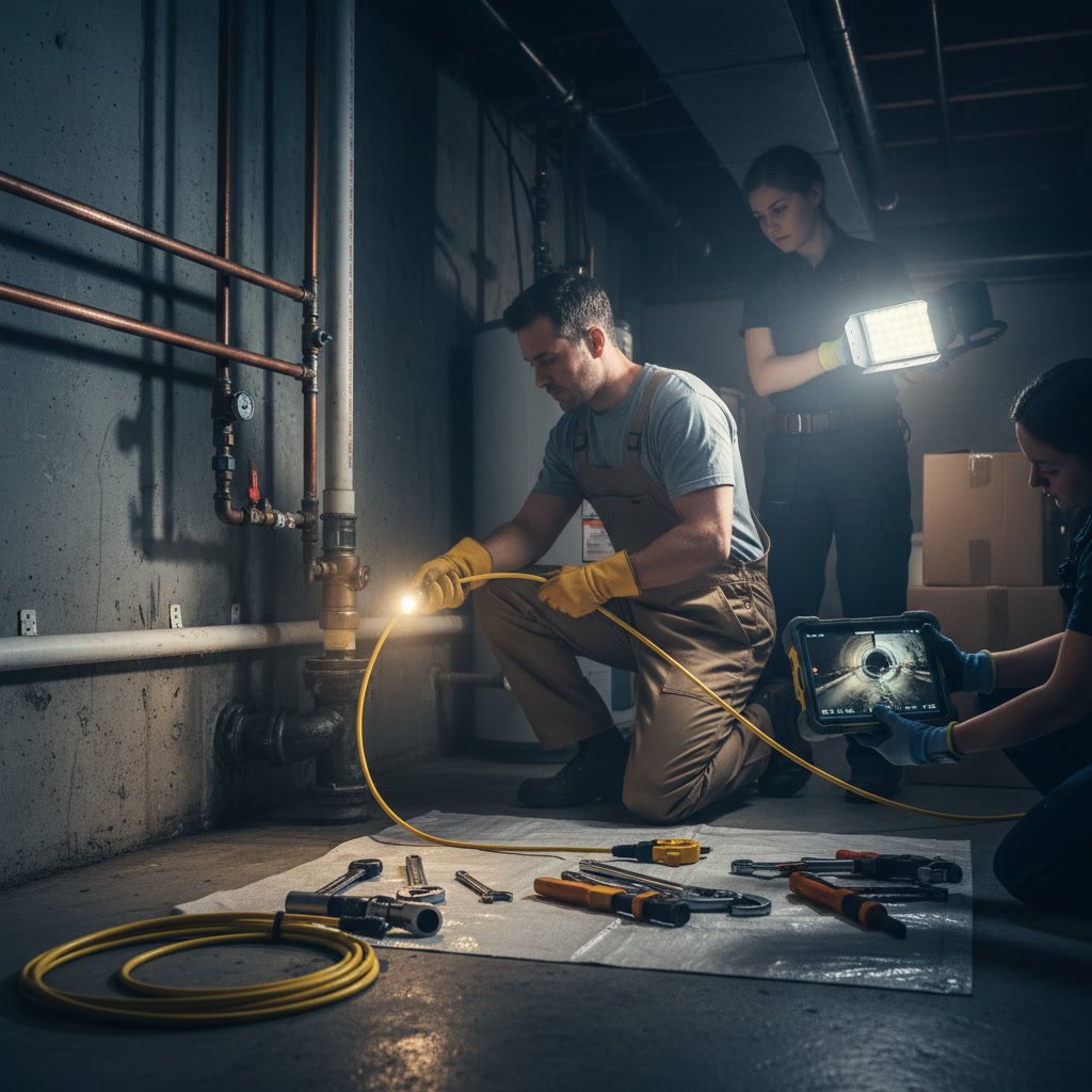 Professional plumber testing water pressure and drain flow during home inspection