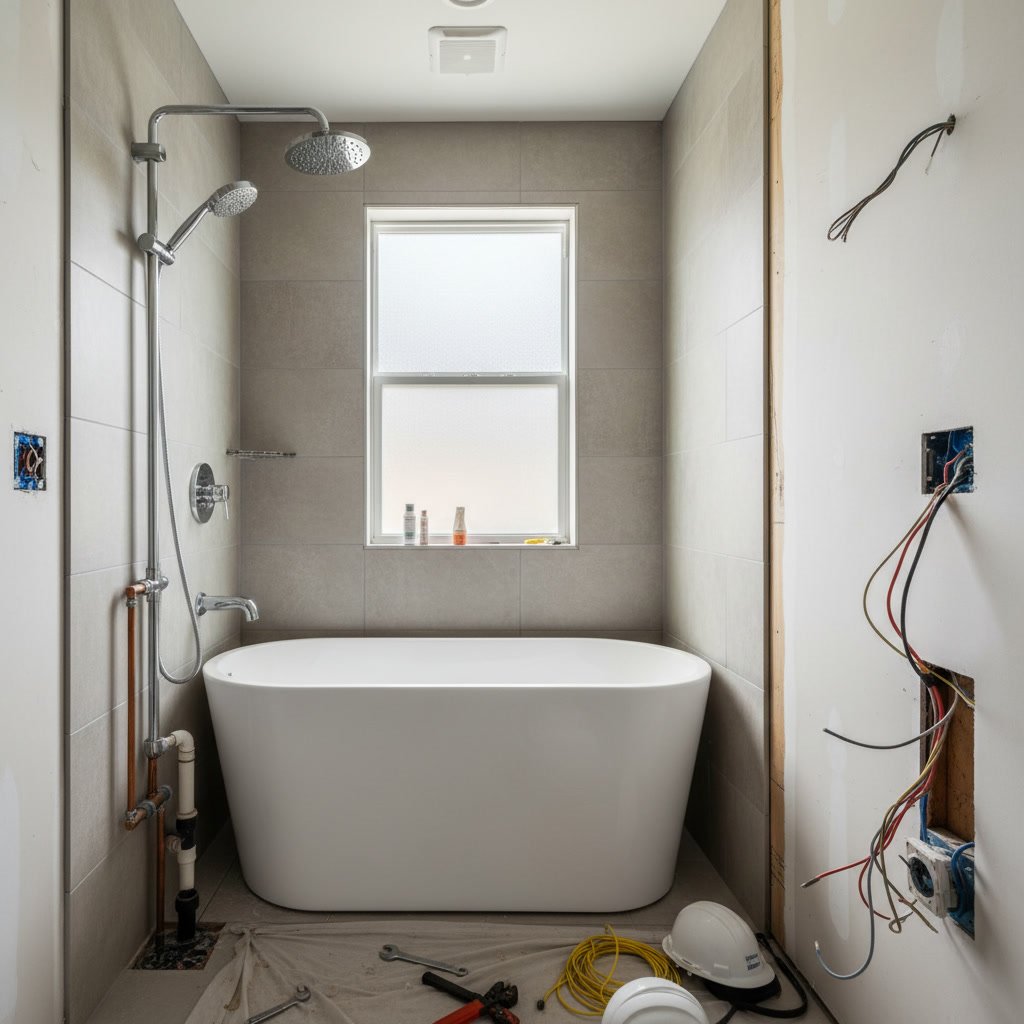 Professional plumber installing shower bathtub combo in compact Orlando bathroom