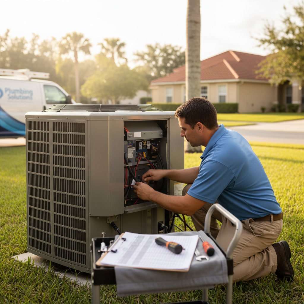 HVAC technician performing maintenance checklist on residential air conditioning system in Clermont Florida