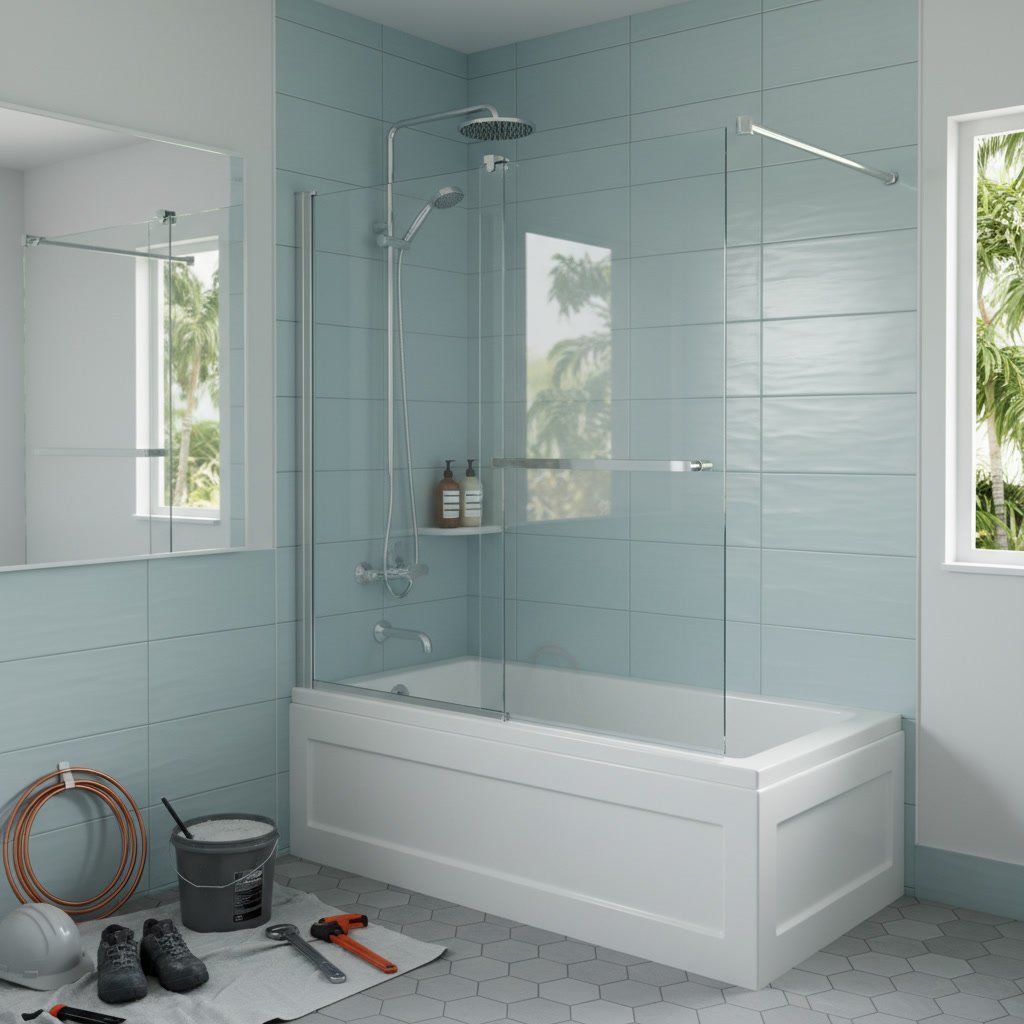 Compact shower bathtub combo installed in small Orlando area bathroom
