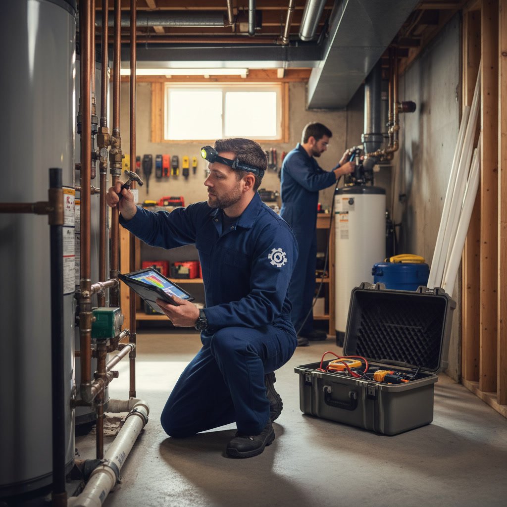 Professional plumber conducting comprehensive plumbing inspection in residential home