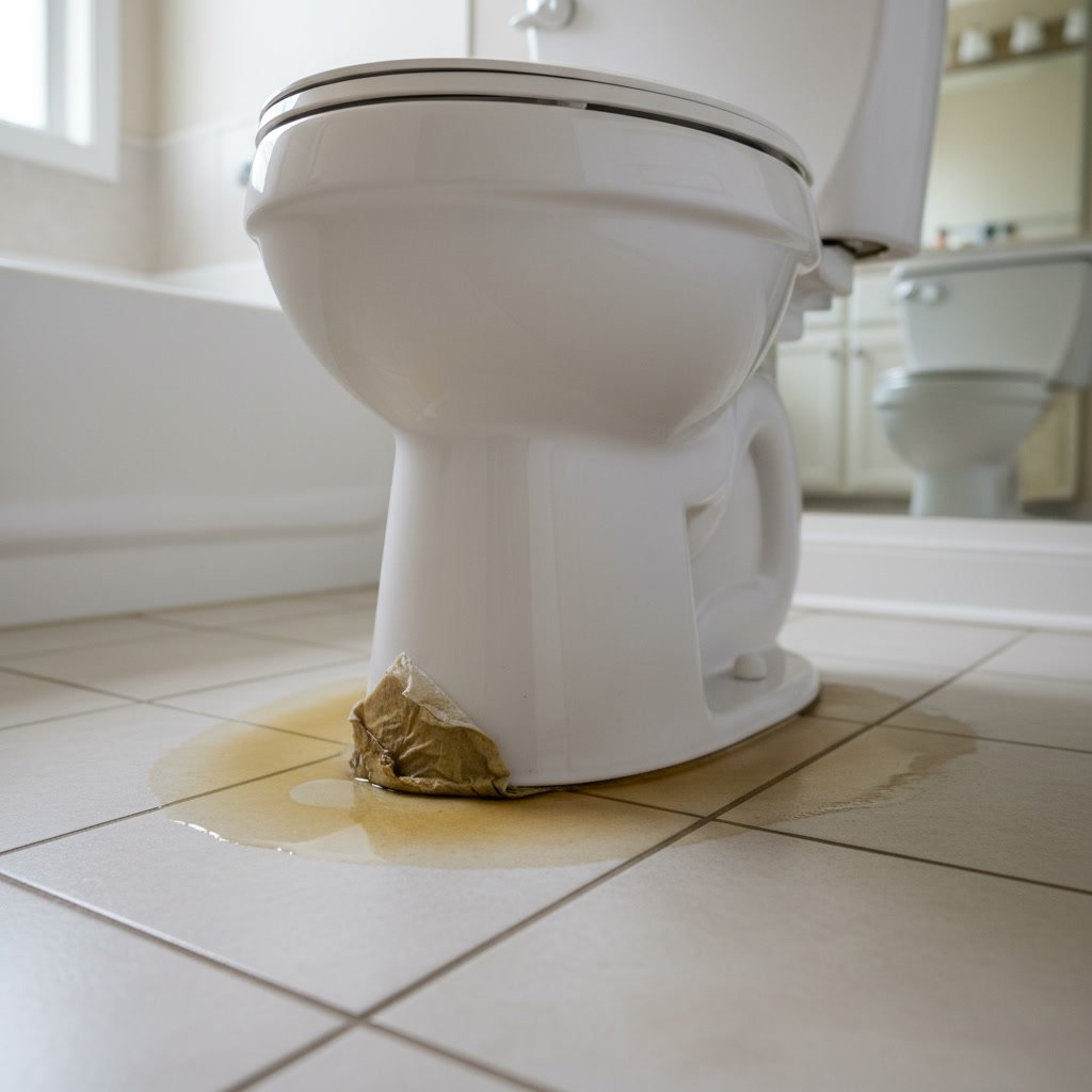 Water damage and staining around a toilet base caused by a failing wax ring seal