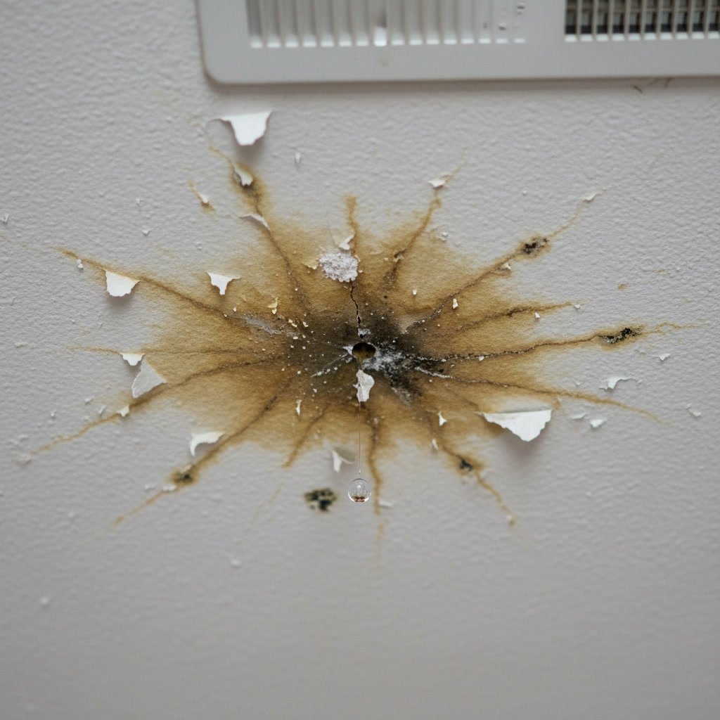 Ceiling water stain from hidden plumbing leak behind drywall