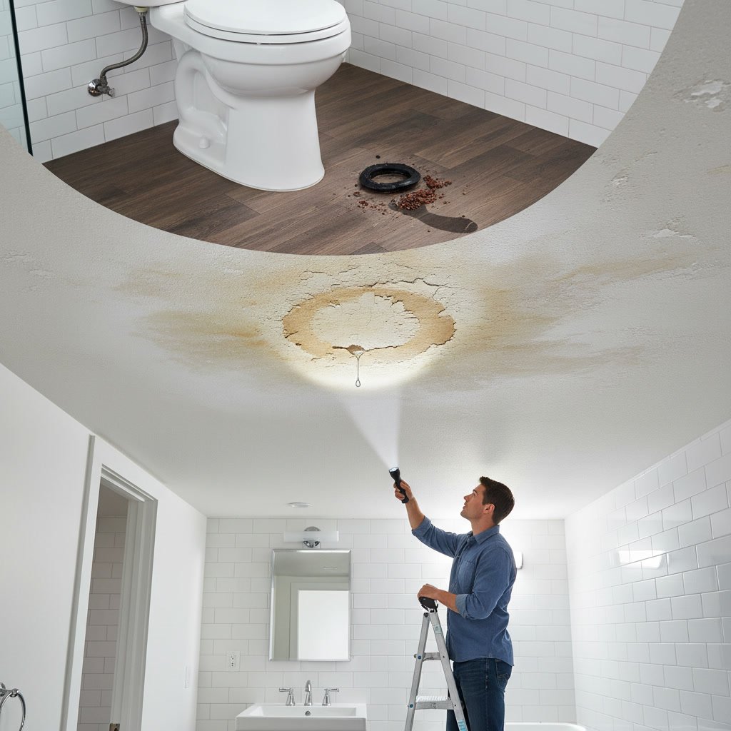 Ceiling water stains below a bathroom indicating a toilet wax ring leak on the floor above