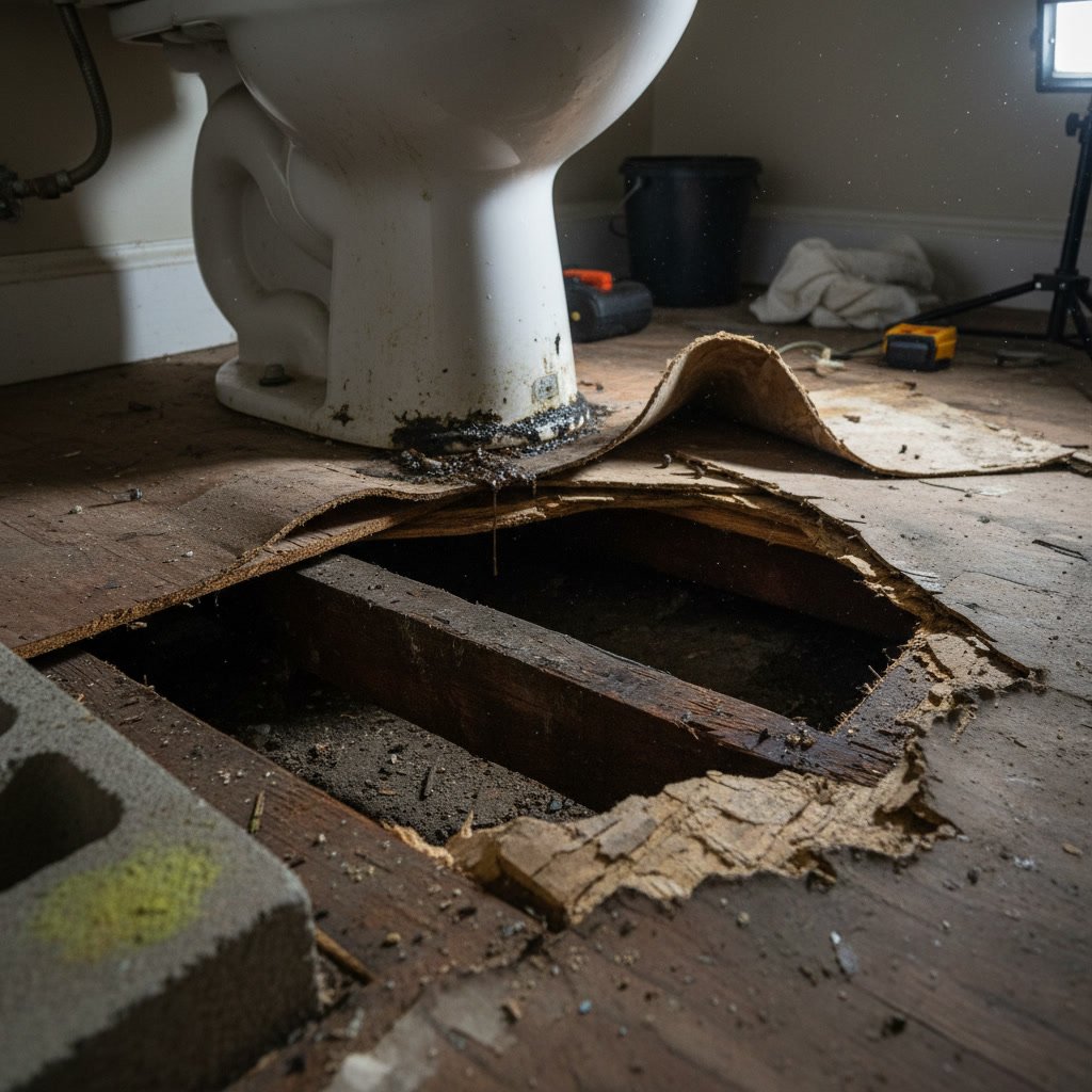 Exposed subfloor damage beneath a toilet caused by a long-term wax ring leak