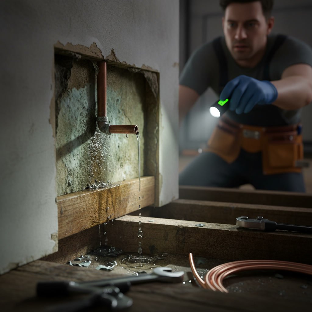Homeowner inspecting wall for signs of hidden plumbing leak