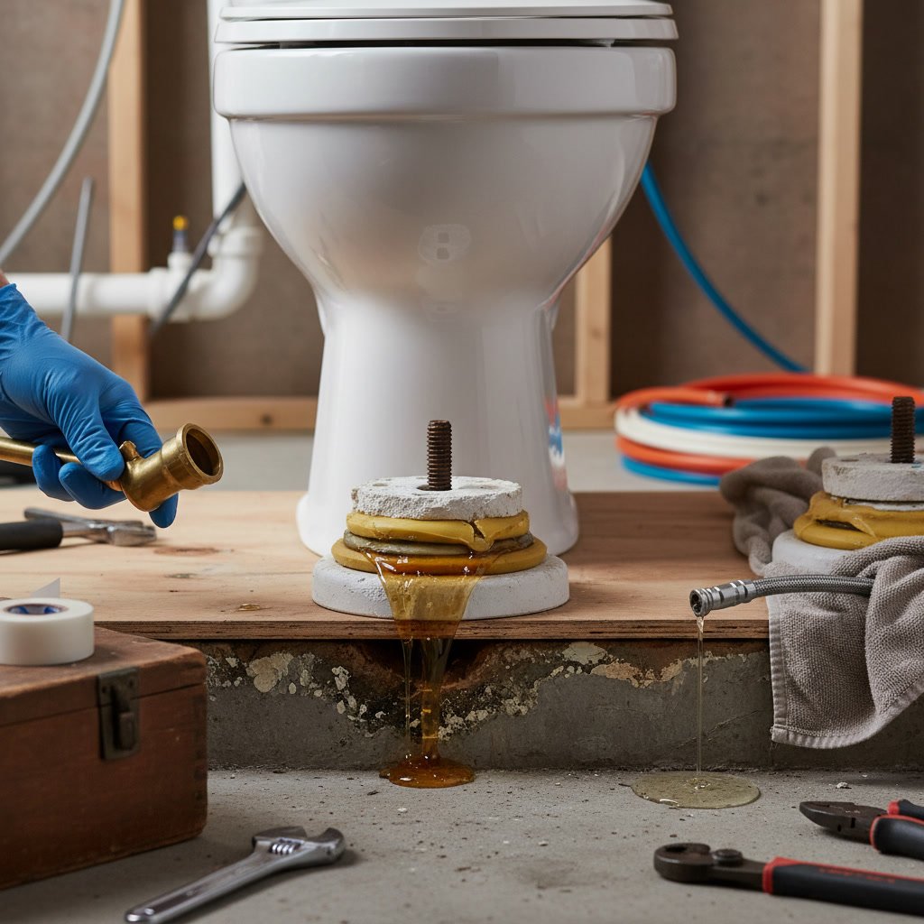 Professional plumber inspecting a toilet base for signs of a leaking wax ring seal